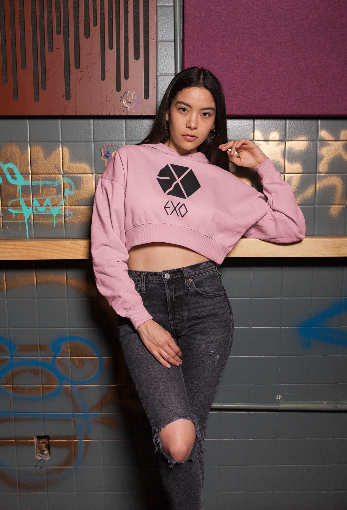 EXO Logo - Winter Crop Hoodies BABY PINK