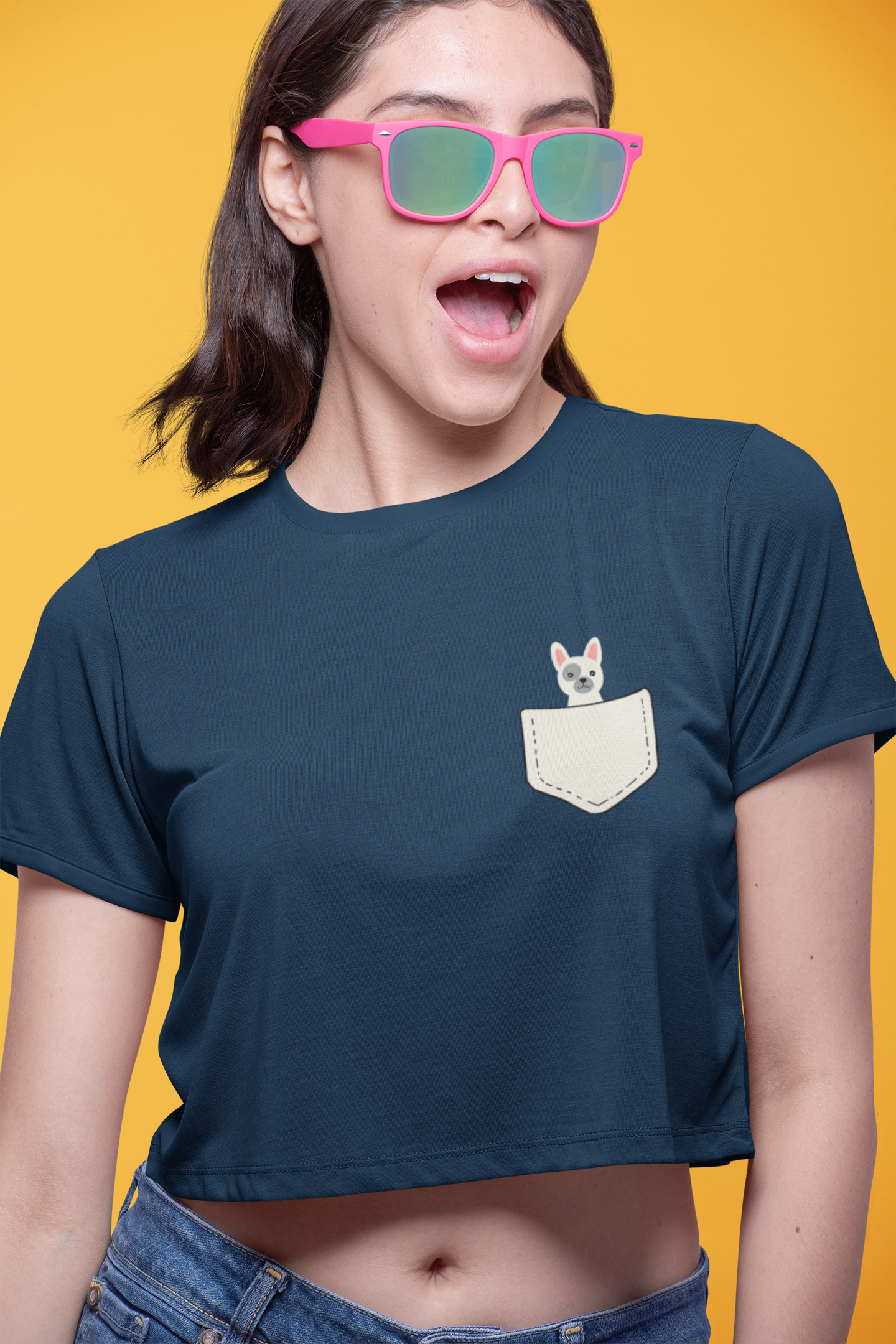 " CUTE BULLY " - HALF SLEEVE POCKET DESIGN CROP TOPS NAVY BLUE