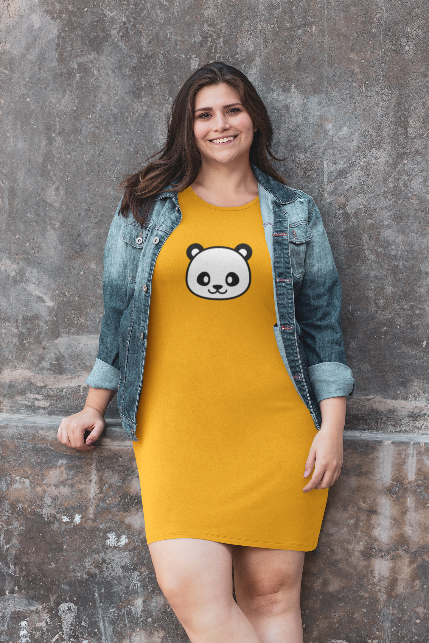 " CUTE PANDA " - 3/4TH SLEEVE T-SHIRT DRESSES YELLOW