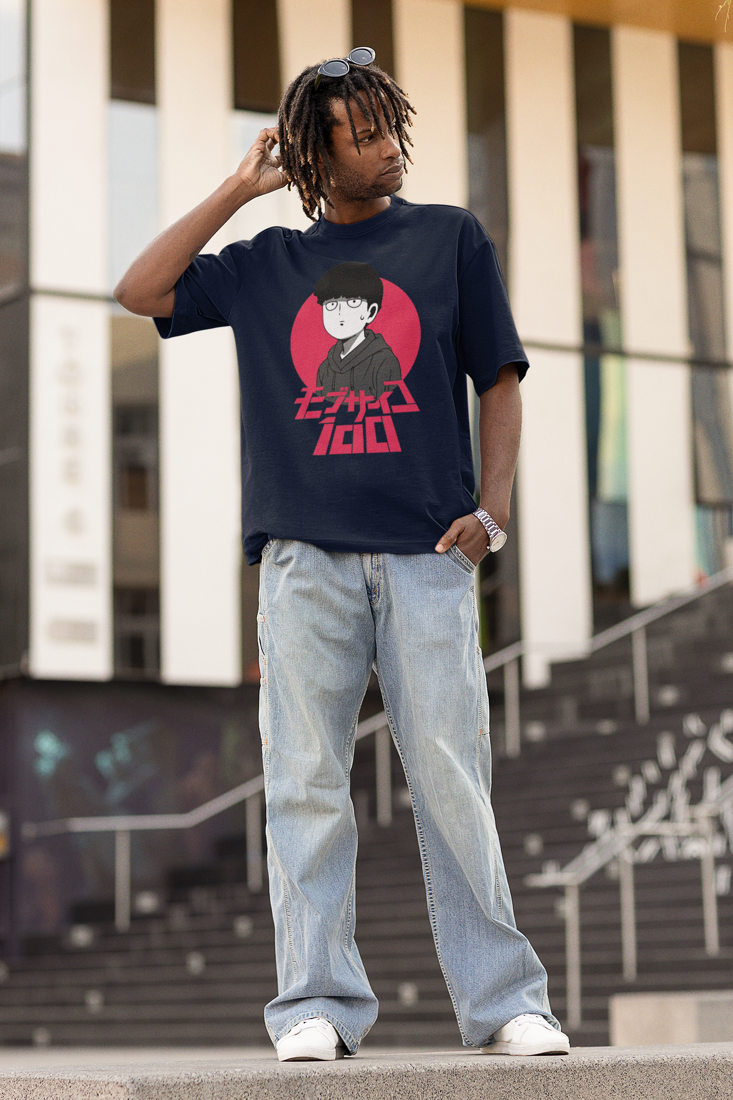 Shigeo Kageyama- Mob Psycho 100: Anime- Oversized T-Shirts NAVY BLUE