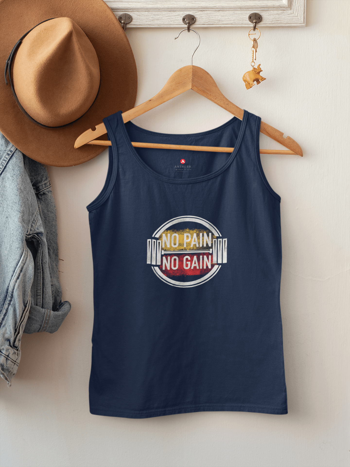 NO PAIN, NO GAIN: SLEEVELESS T-SHIRTS NAVY BLUE