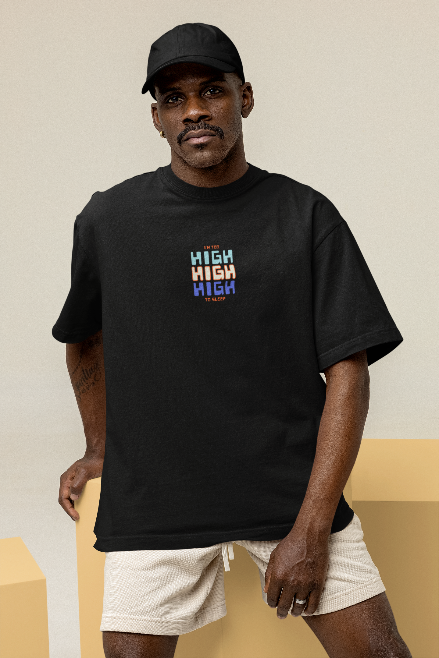I Am Too High To Sleep (Double Sided Print): Minimal HALF-SLEEVE T-SHIRT BLACK