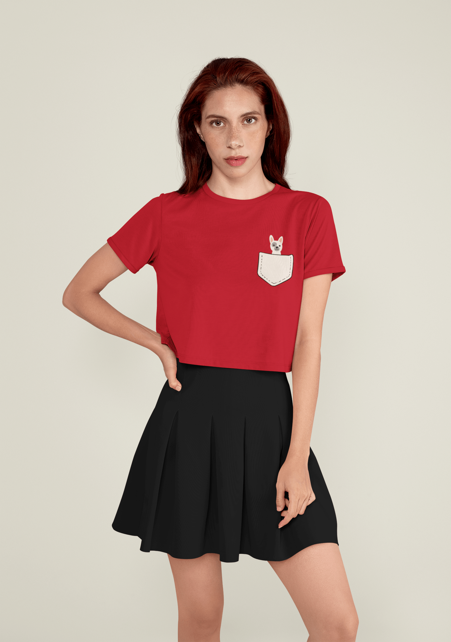 " CUTE BULLY " - HALF SLEEVE POCKET DESIGN CROP TOPS RED