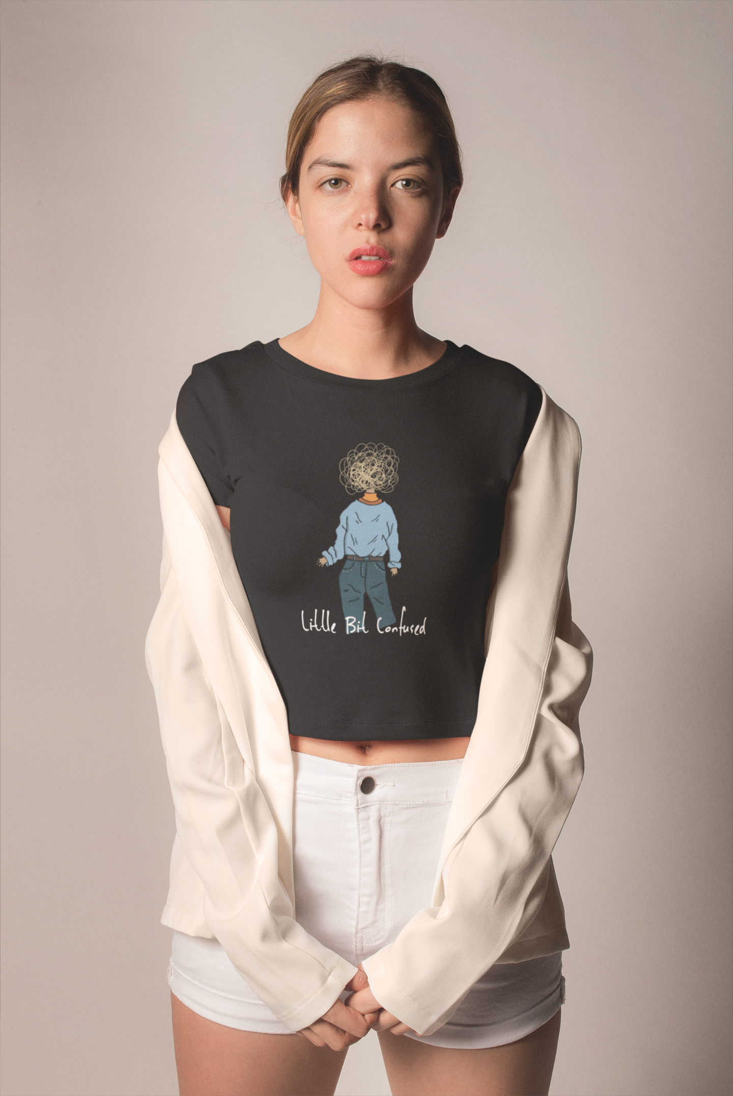 "LI'L BIT CONFUSED "- HALF-SLEEVE CROP TOPS BLACK