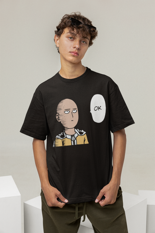 Ok- One Punch Man: Anime- Oversized T-Shirts BLACK Cotton 240 GSM