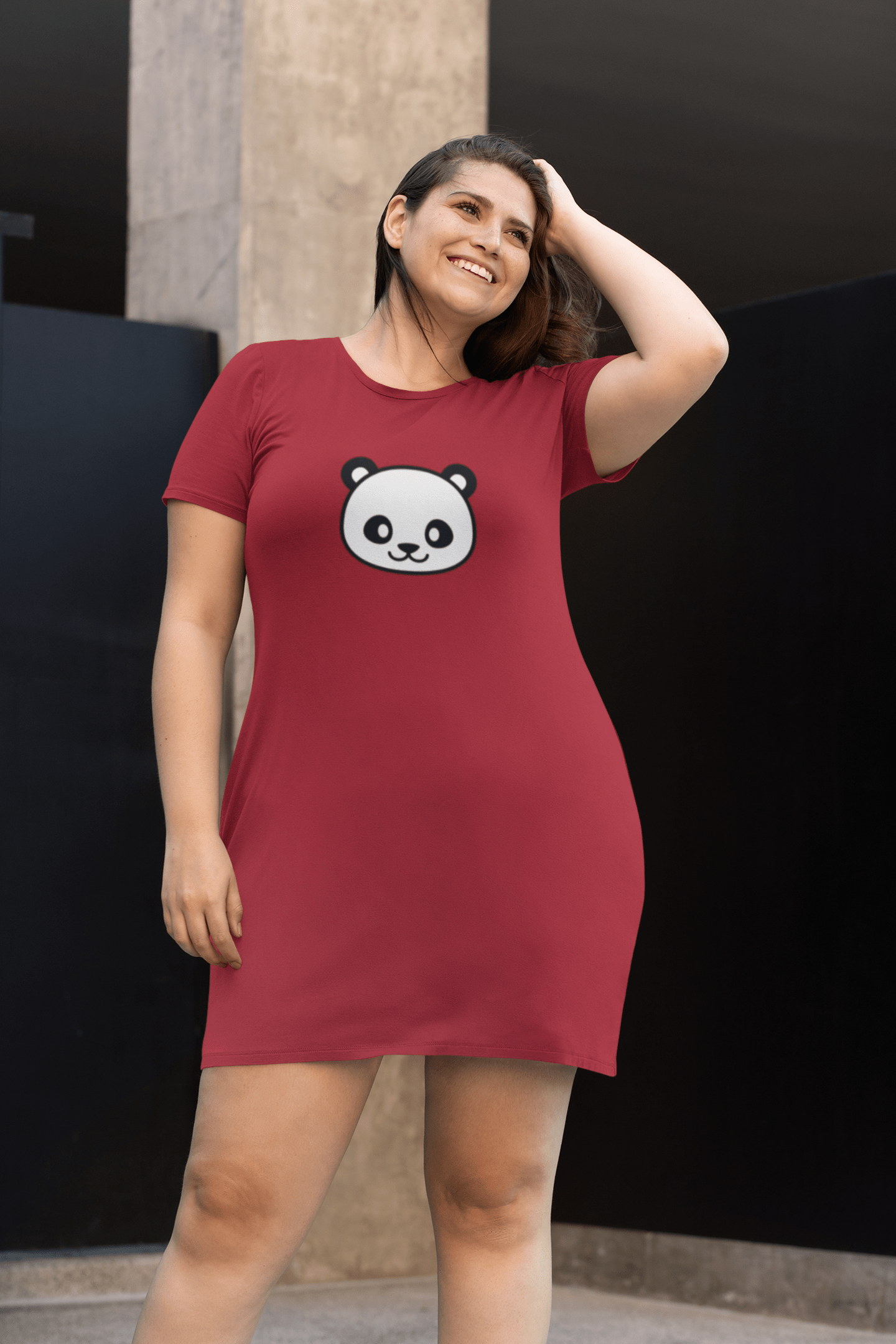 " CUTE PANDA " - 3/4TH SLEEVE T-SHIRT DRESSES RED