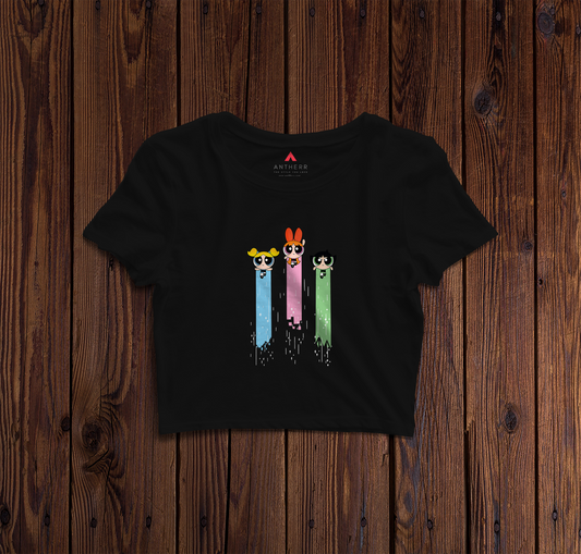 "POWERPUFF GIRLS" HALF-SLEEVE CROP TOPS BLACK