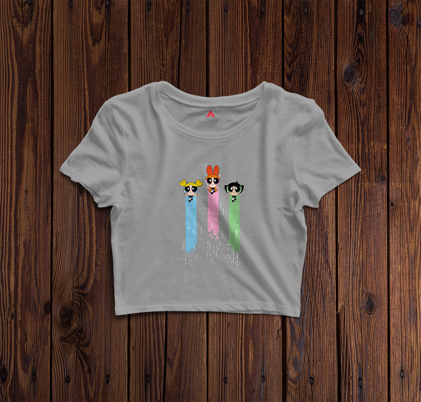 "POWERPUFF GIRLS" HALF-SLEEVE CROP TOPS GREY