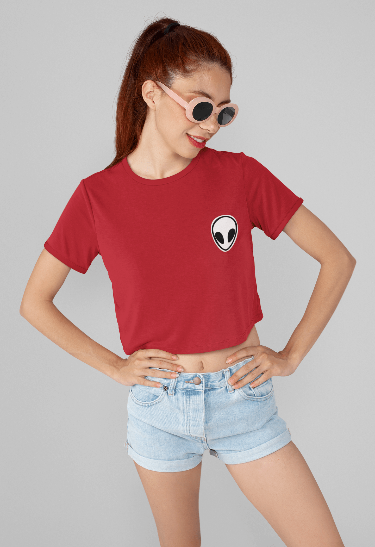 Alien Pocket Design Half-sleeve Crop Top RED
