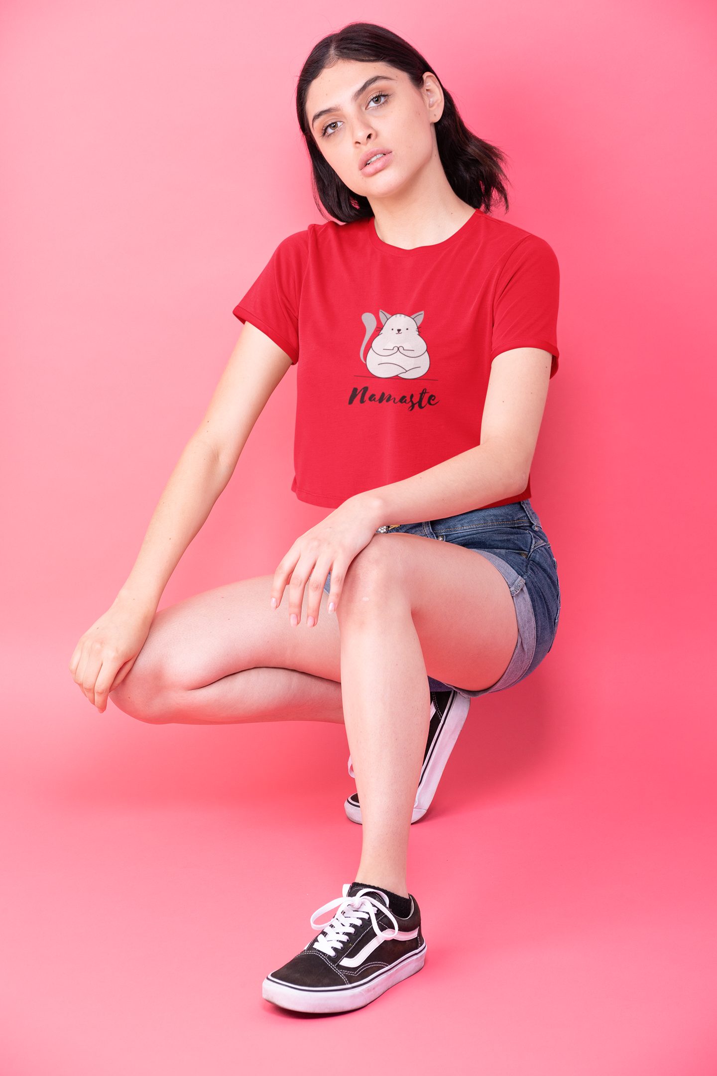 "NAMASTE " - HALF-SLEEVE CROP TOPS RED