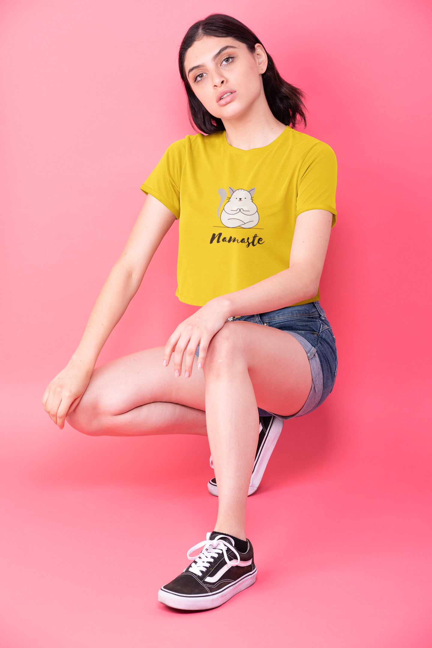 "NAMASTE " - HALF-SLEEVE CROP TOPS YELLOW