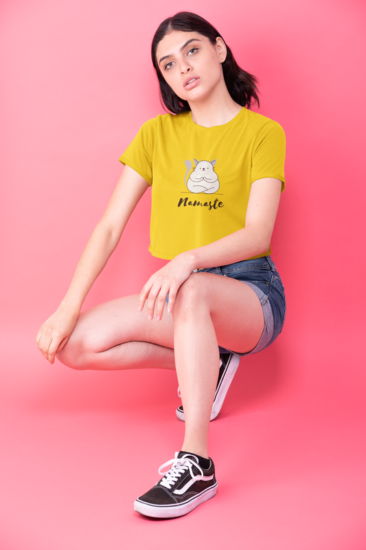 "NAMASTE " - HALF-SLEEVE CROP TOPS YELLOW