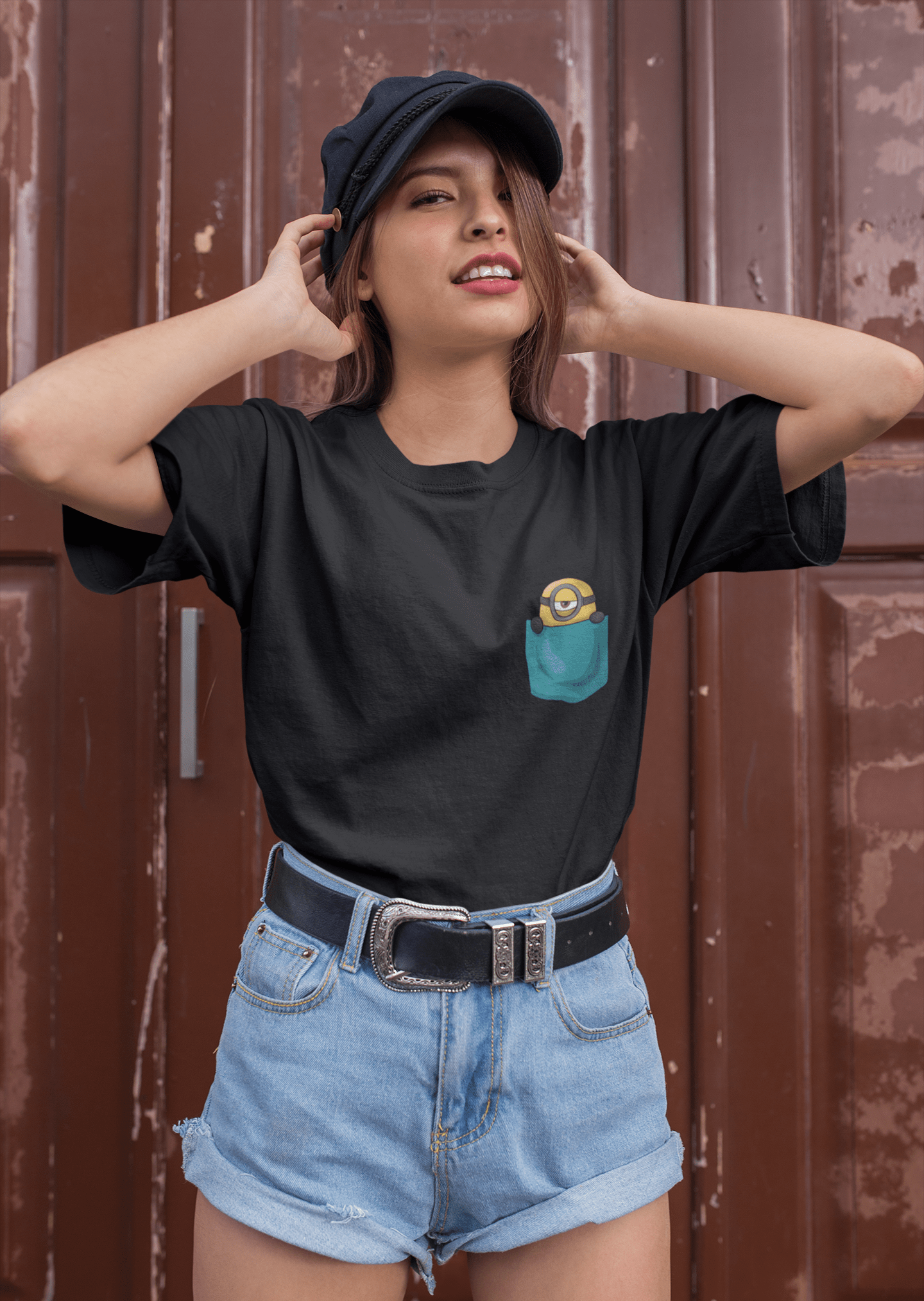" MINIONS " - HALF-SLEEVE POCKET DESIGN T-SHIRTS. BLACK