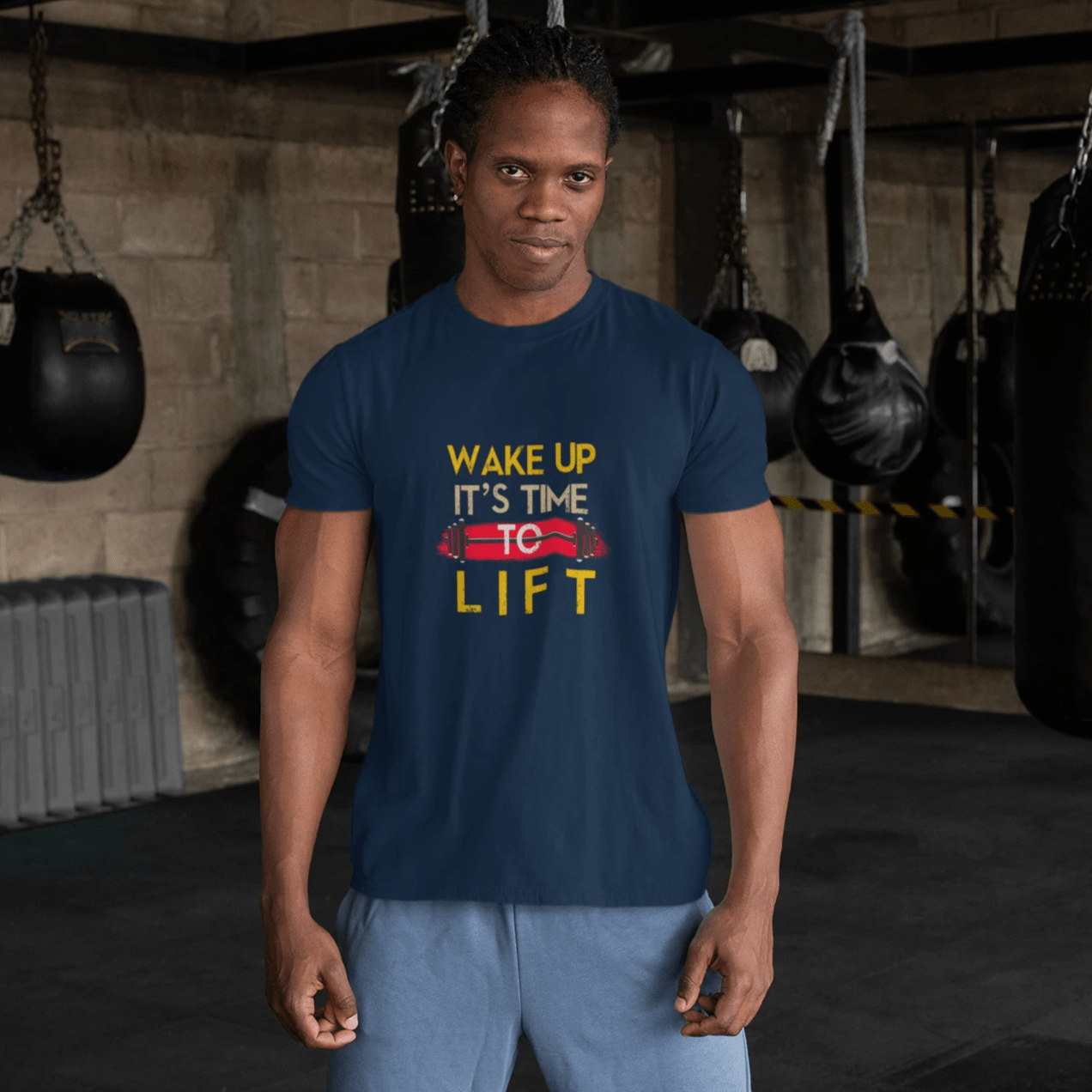 "WAKE UP IT'S TIME TOO LIFT" HALF-SLEEVE T-SHIRTS NAVY-BLUE