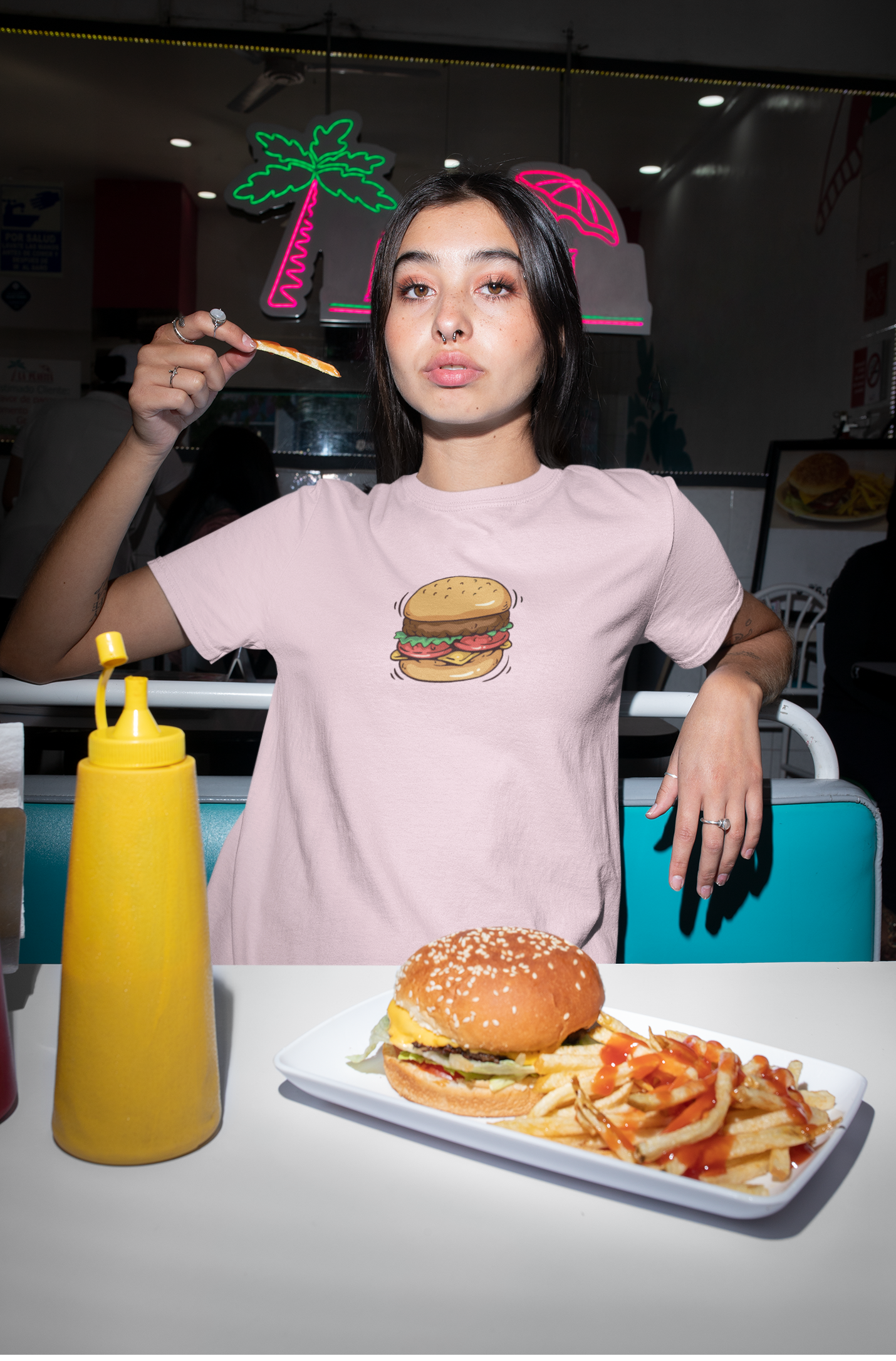 Burger: Foodie - HALF-SLEEVE T-SHIRTS LIGHT BABY PINK