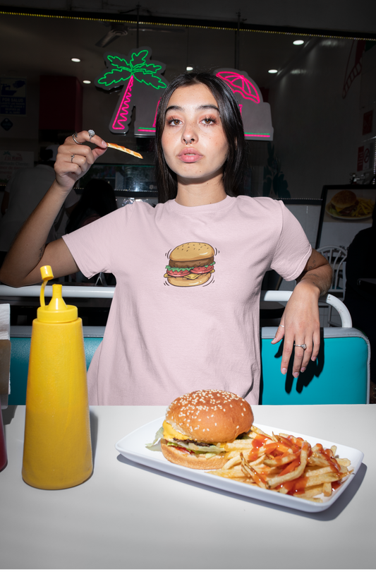Burger: Foodie - HALF-SLEEVE T-SHIRTS LIGHT BABY PINK