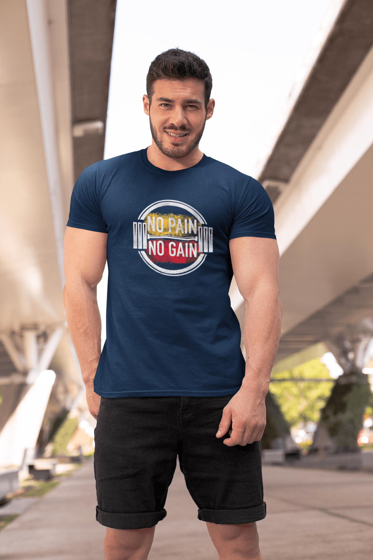 "NO PAIN, NO GAIN" - HALF-SLEEVE T-SHIRTS NAVY BLUE