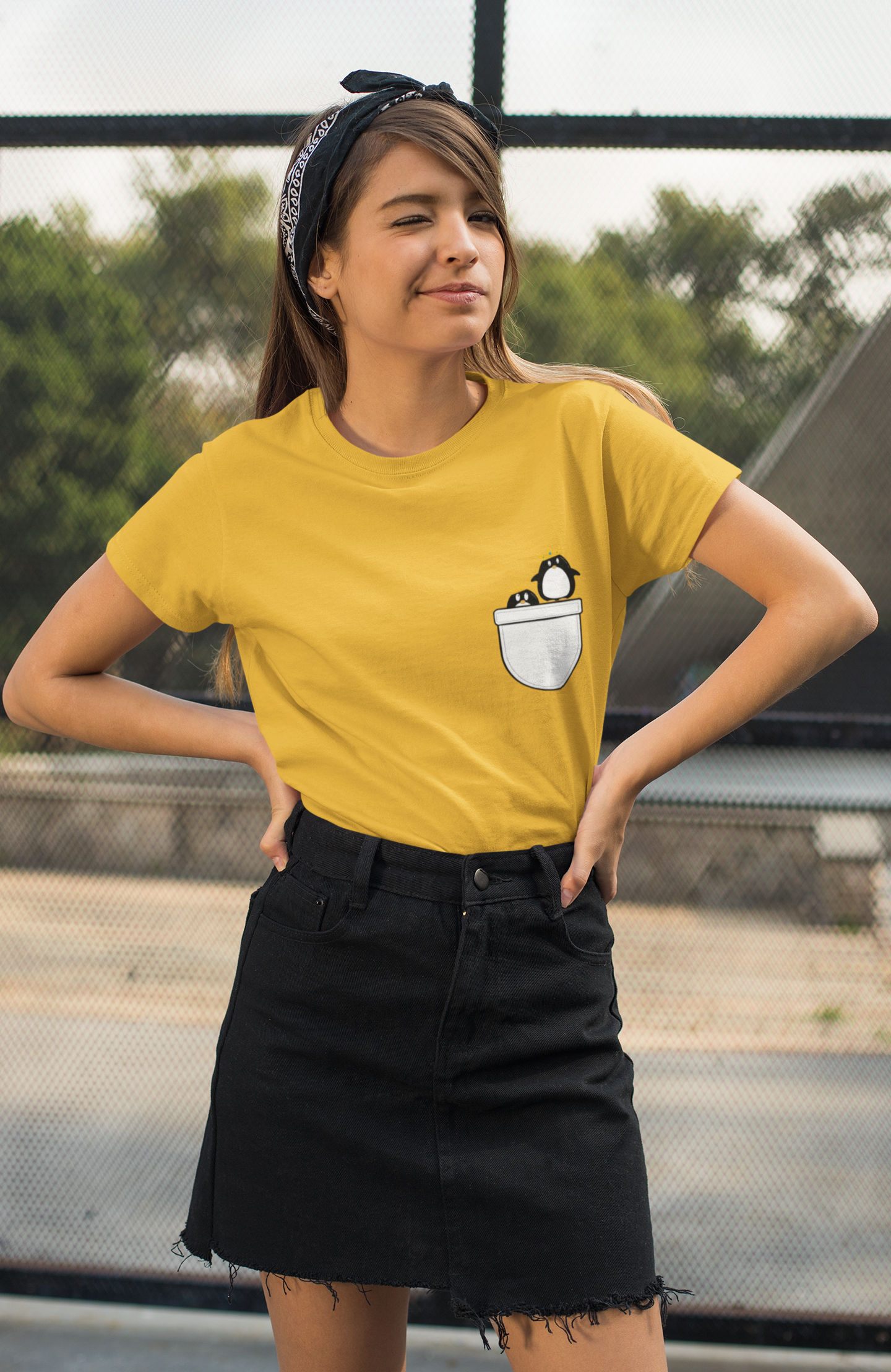 "CUTE PINGU"- HALF-SLEEVE POCKET DESIGN T-SHIRT'S YELLOW
