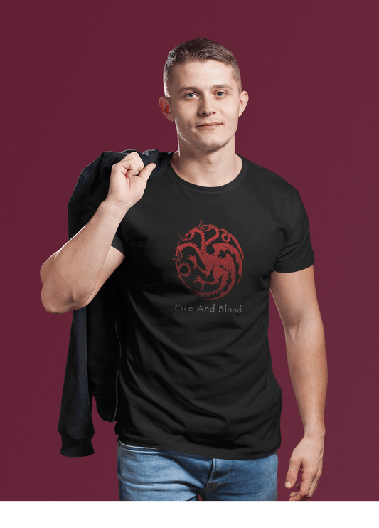 BLOOD AND FIRE-GAME OF THRONES Unisex Regular Fir T-shirt BLACK