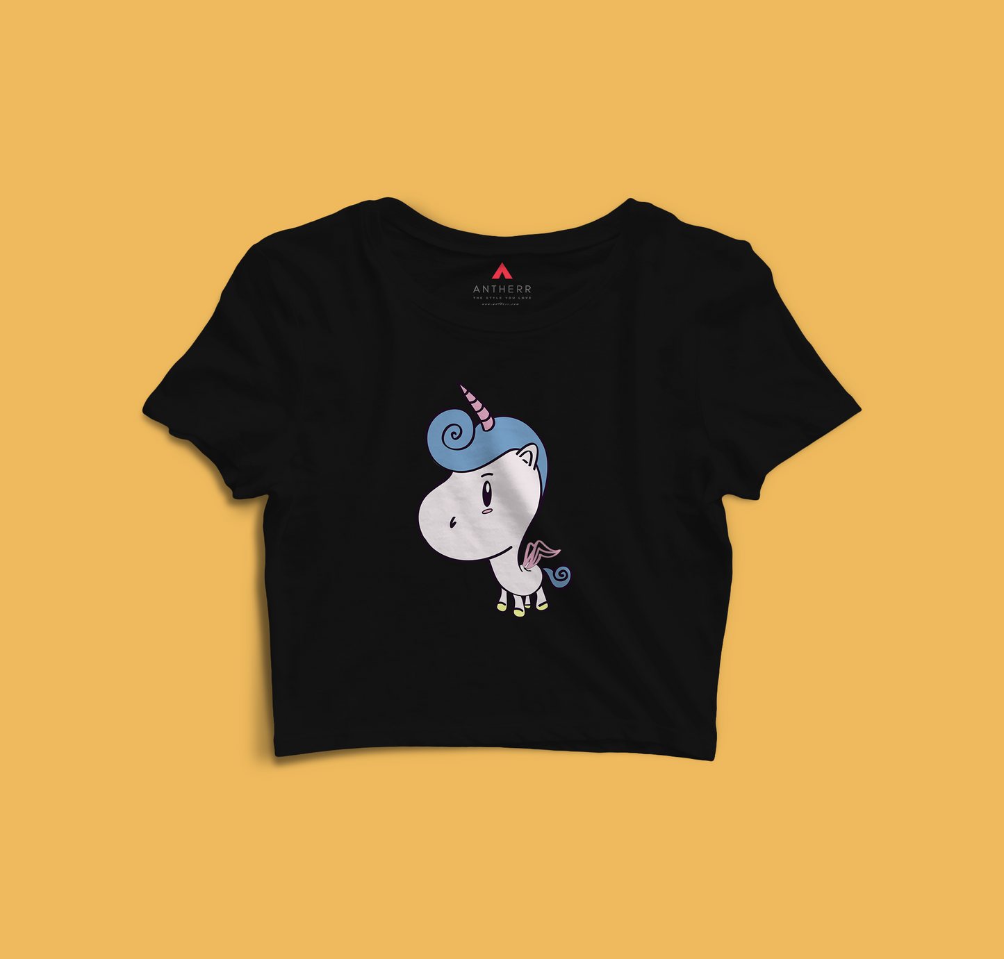"CUTE UNICORN" - HALF SLEEVE CROP TOPS BLACK