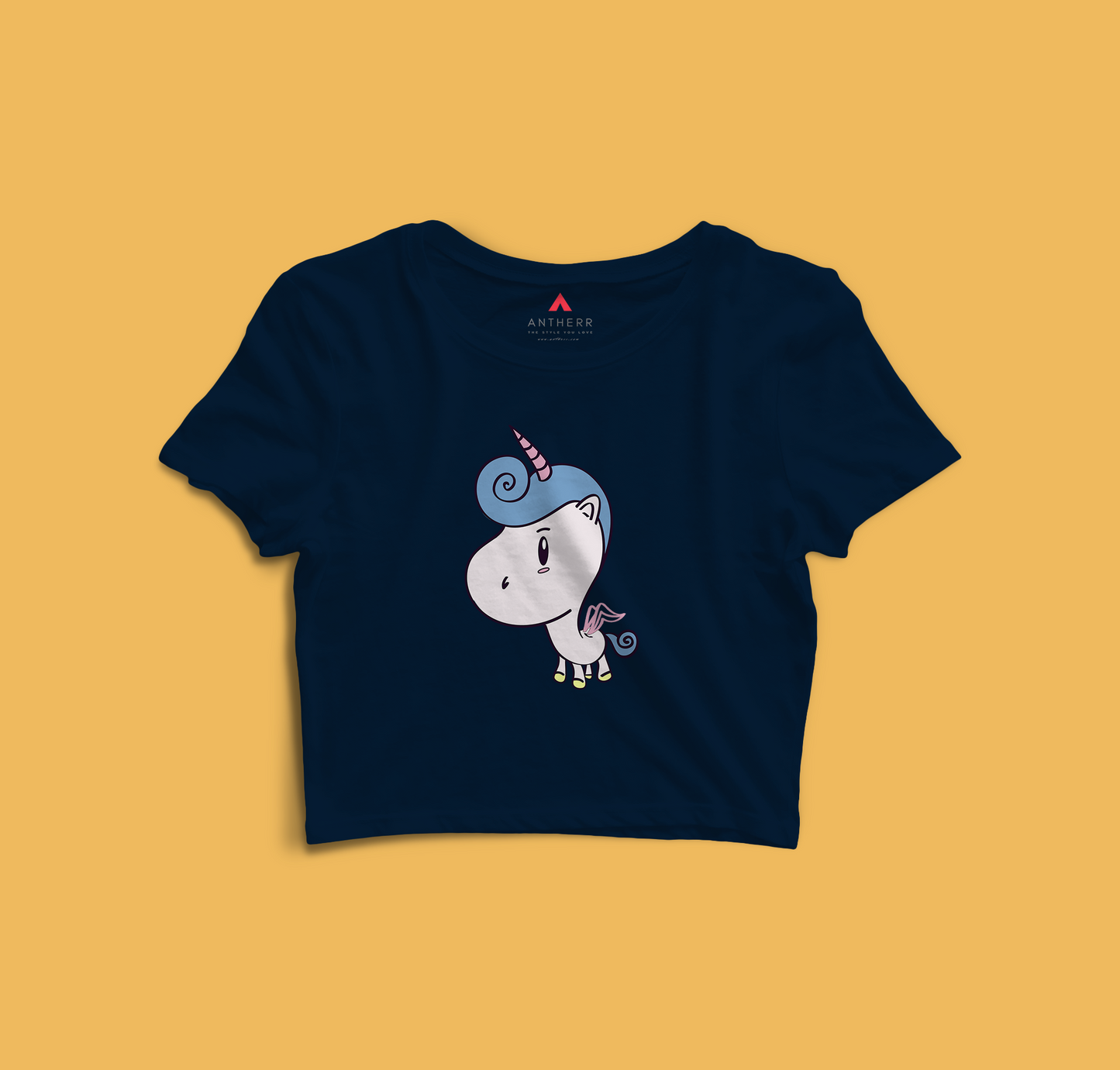 "CUTE UNICORN" - HALF SLEEVE CROP TOPS NAVY BLUE