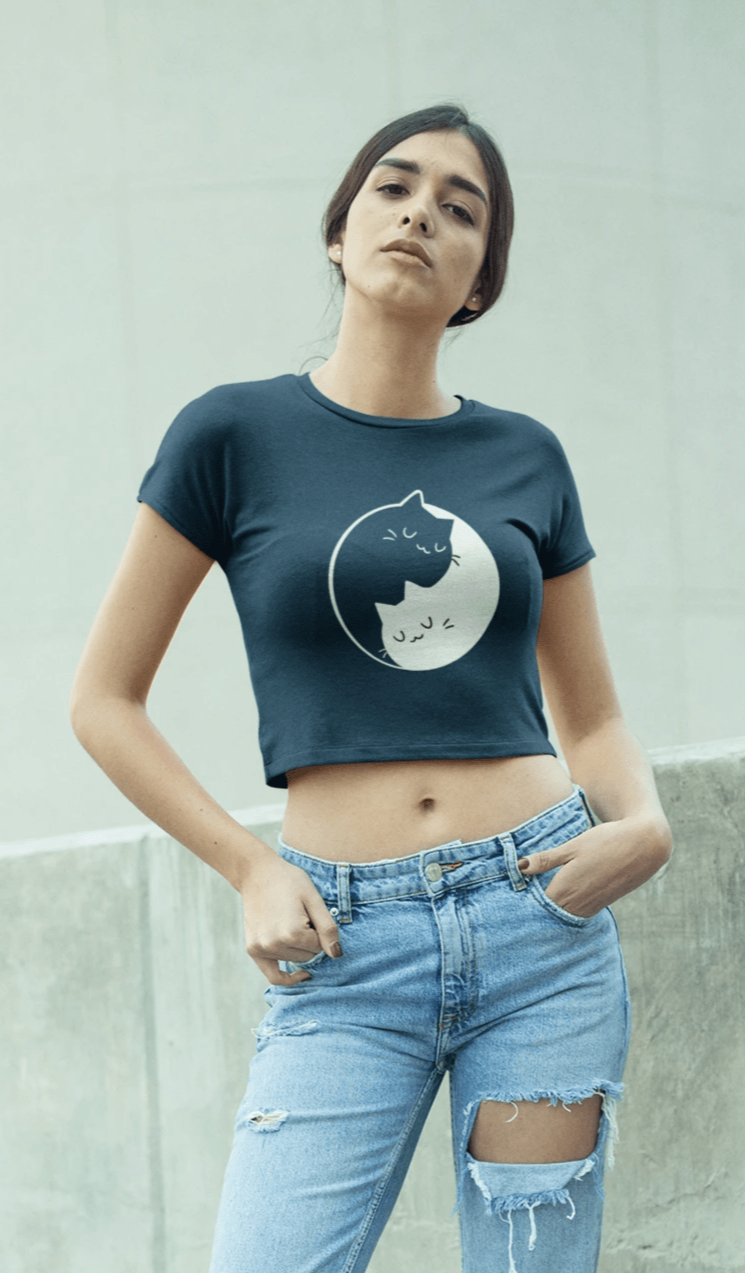 " TWO SOULS " - HALF-SLEEVE CROP TOPS NAVY BLUE