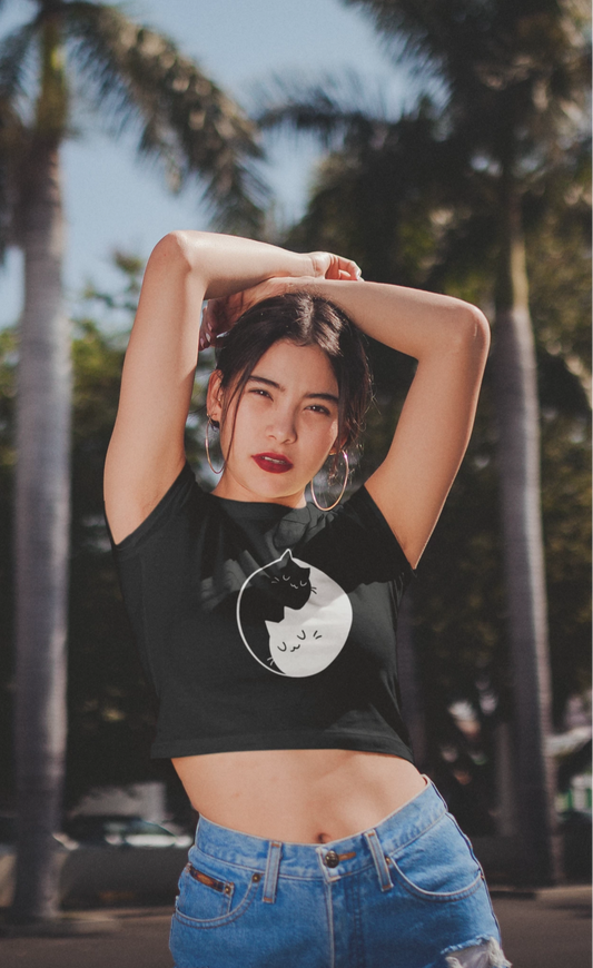 " TWO SOULS " - HALF-SLEEVE CROP TOPS BLACK