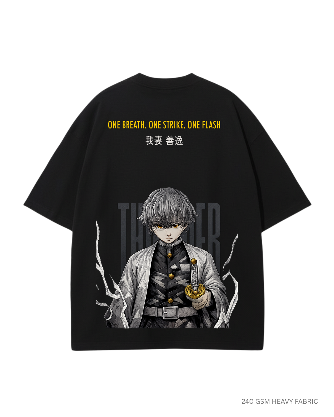 One Breath, One Strike, One Flash: Zenitsu: Anime, Unisex Oversized T-Shirts Black Cotton 240 GSM