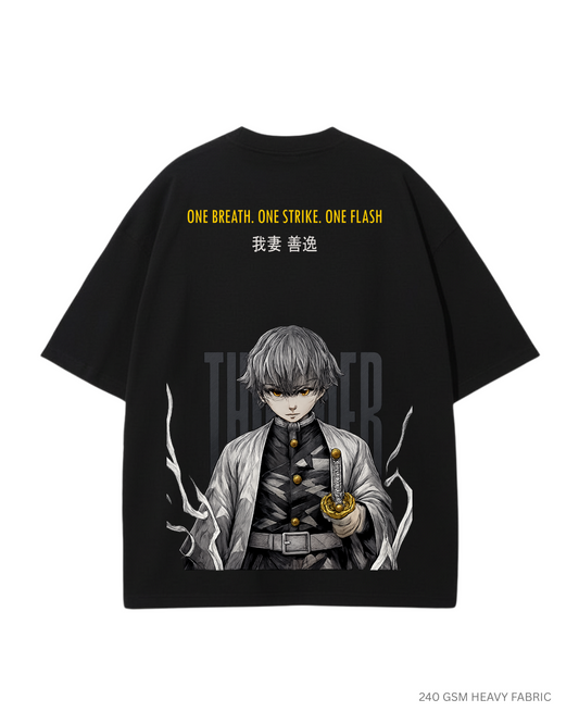 One Breath, One Strike, One Flash: Zenitsu: Anime, Unisex Oversized T-Shirts Black Cotton 240 GSM