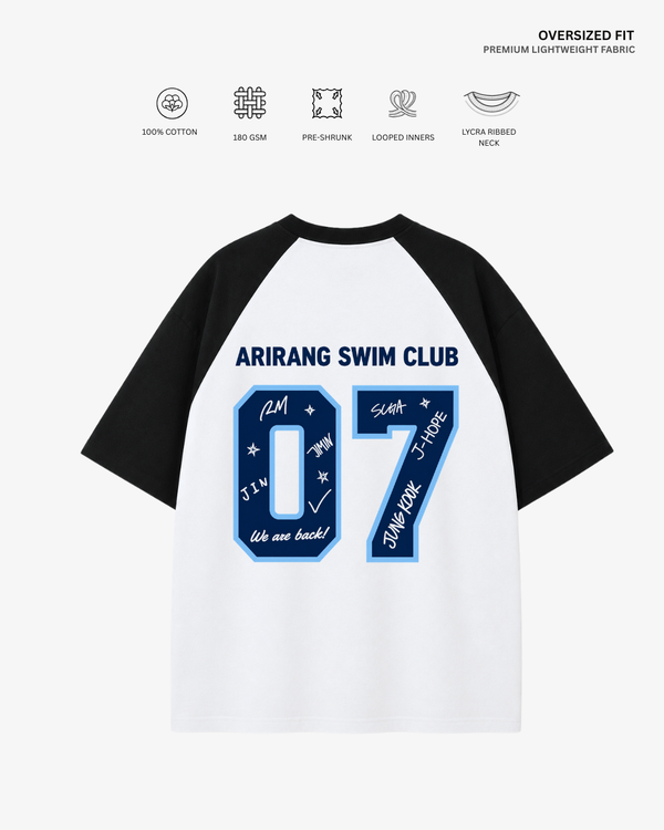Arirang Swim Club Unisex Ranglan Oversized T-Shirt | Antherr Core Black-White Cotton 240 GSM