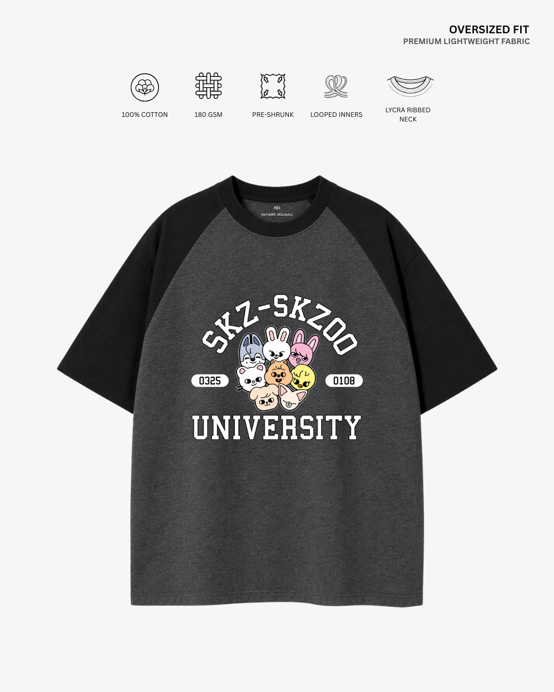 SKZ University Unisex Ranglan Oversized T-Shirt | Antherr Core Black-Charcoal Grey Cotton 180 GSM