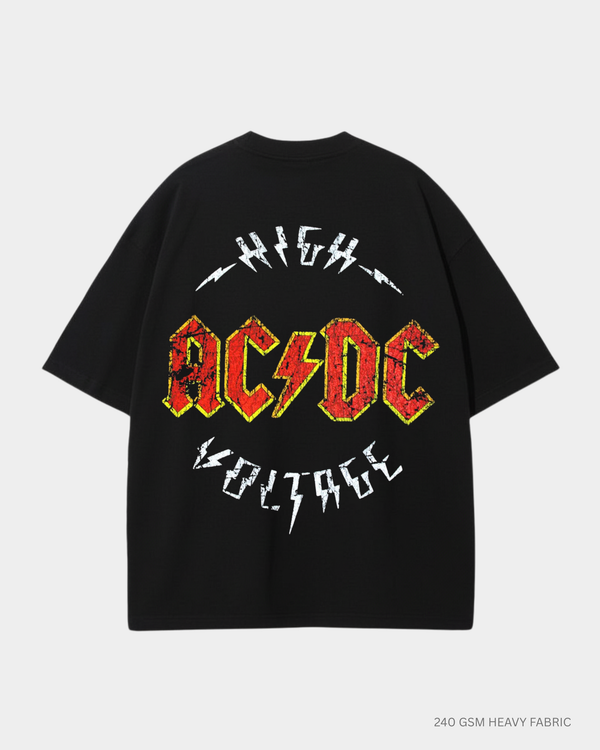 AC DC High Voltage Graphic Unisex Oversized T-Shirt | Antherr Core Black Cotton 240 GSM