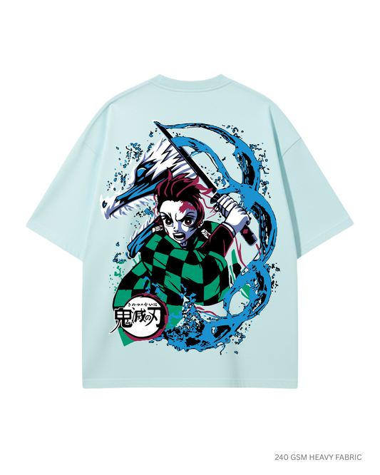Tanjiro Kamado Water Breathing: Anime, Unisex Oversized T-Shirts Mint Blue Cotton 240 GSM