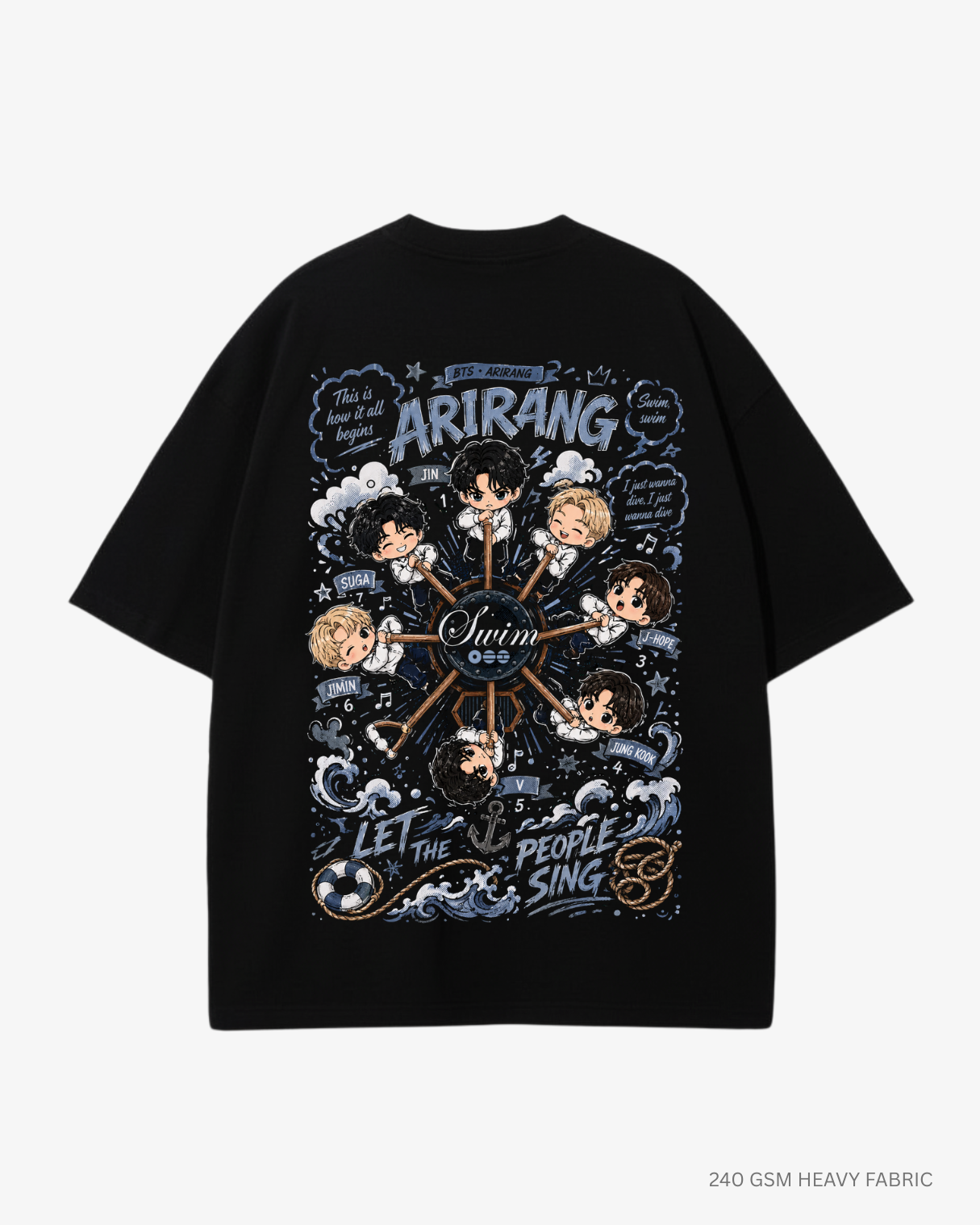 Chibi Swim Arirang BTS Unisex Oversized T-Shirt | Antherr Core Black Cotton 240 GSM