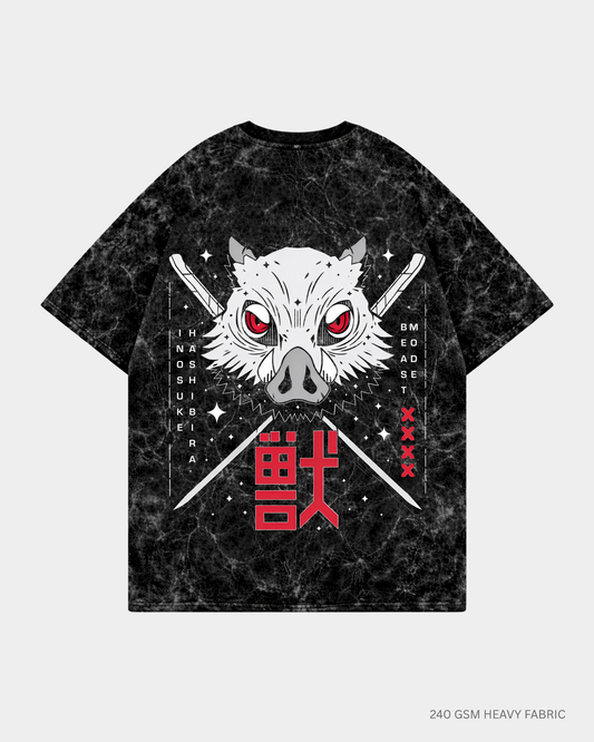 Inosuke Hashibira Unisex Oversized T-Shirts | Antherr Core Acid Wash Black Cotton 240 GSM