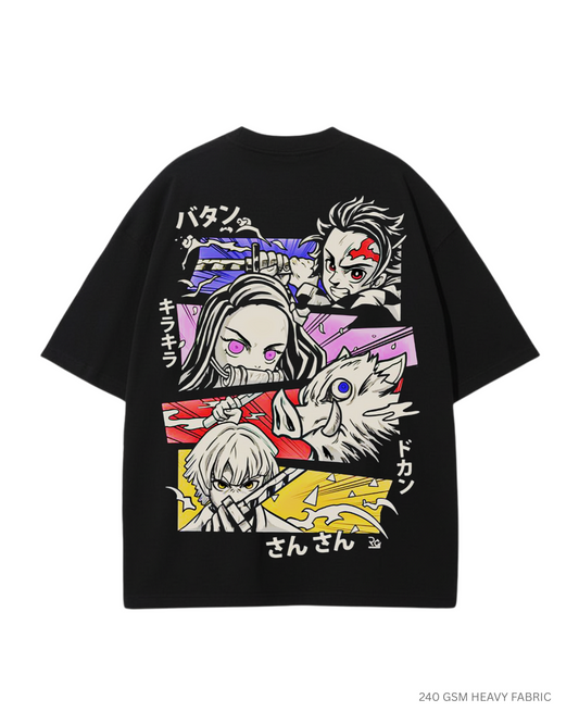 Kimetsu no Yaiba: Anime Unisex Oversized T-Shirts Black Cotton 240 GSM