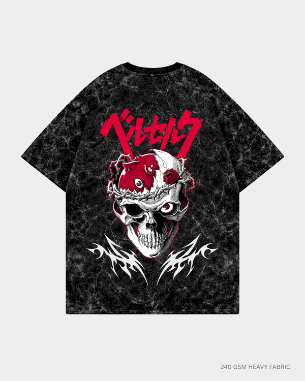 Berserk Skull Unisex Oversized T-Shirt | Antherr Core Acid Wash Black Cotton 240 GSM