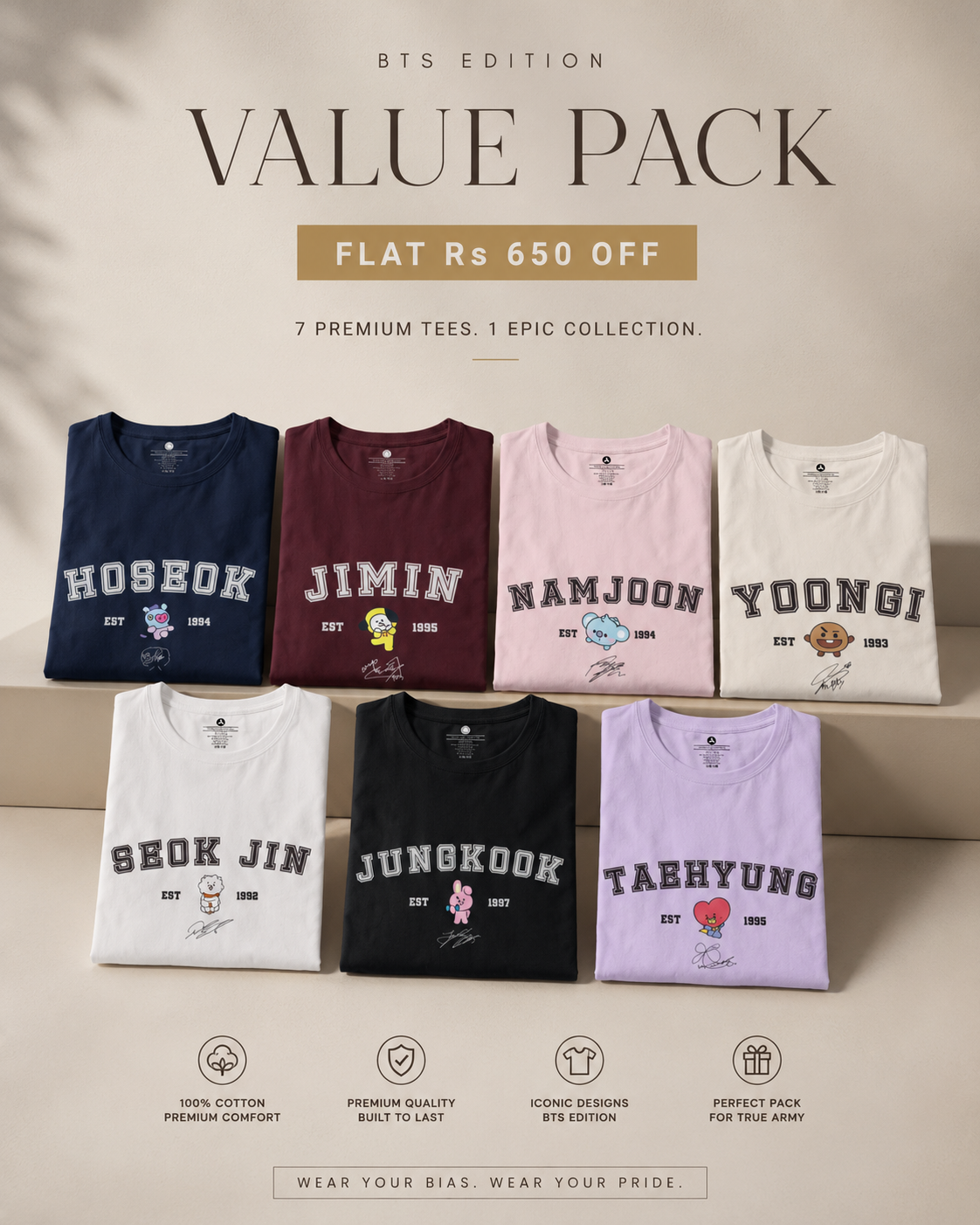 BTS Crew Unisex Regular Fit T-Shirts PACK OF 7