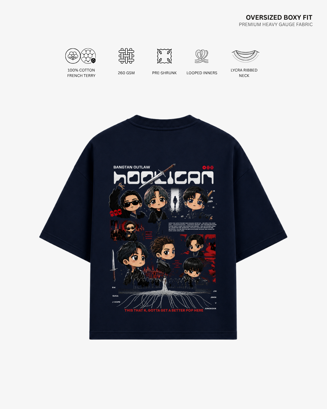 Chibi Hooligan Arirang Unisex Oversized T-Shirt Navy Blue Cotton French Terry 260 GSM