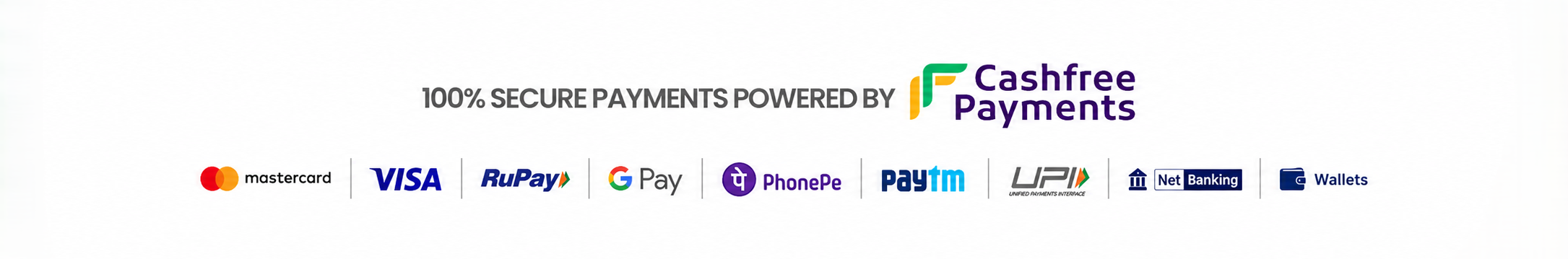 A white banner featuring the text '100% SECURE PAYMENTS POWERED BY Cashfree Payments' in black, with a row of payment logos underneath including Mastercard, VISA, RuPay, Google Pay, PhonePe, Paytm, UPI, and others.
