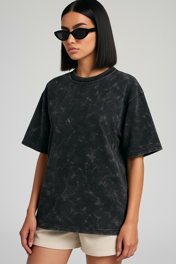 Acid Wash Oversized T-shirt for Women: Black