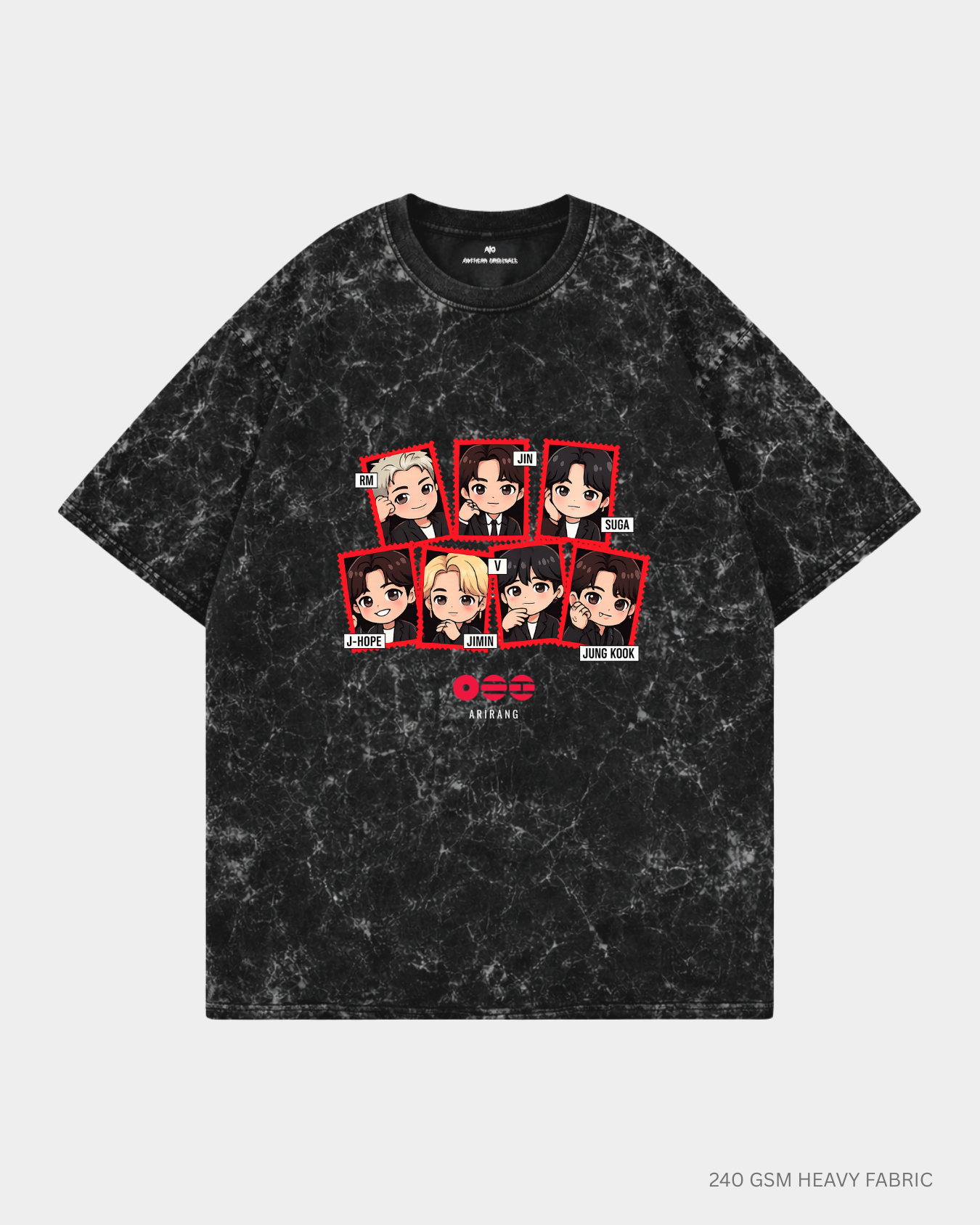 Chibi Arirang BTS Member Unisex Oversized T-Shirt | Antherr Core Acid Wash Black Cotton 240 GSM