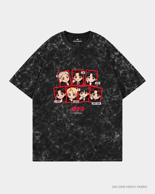 Chibi Arirang BTS Member Unisex Oversized T-Shirt | Antherr Core Acid Wash Black Cotton 240 GSM