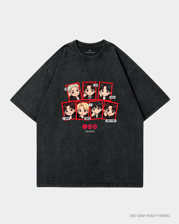 Chibi Arirang BTS Member Unisex Oversized T-Shirt | Antherr Core Acid Wash Black Cotton 240 GSM