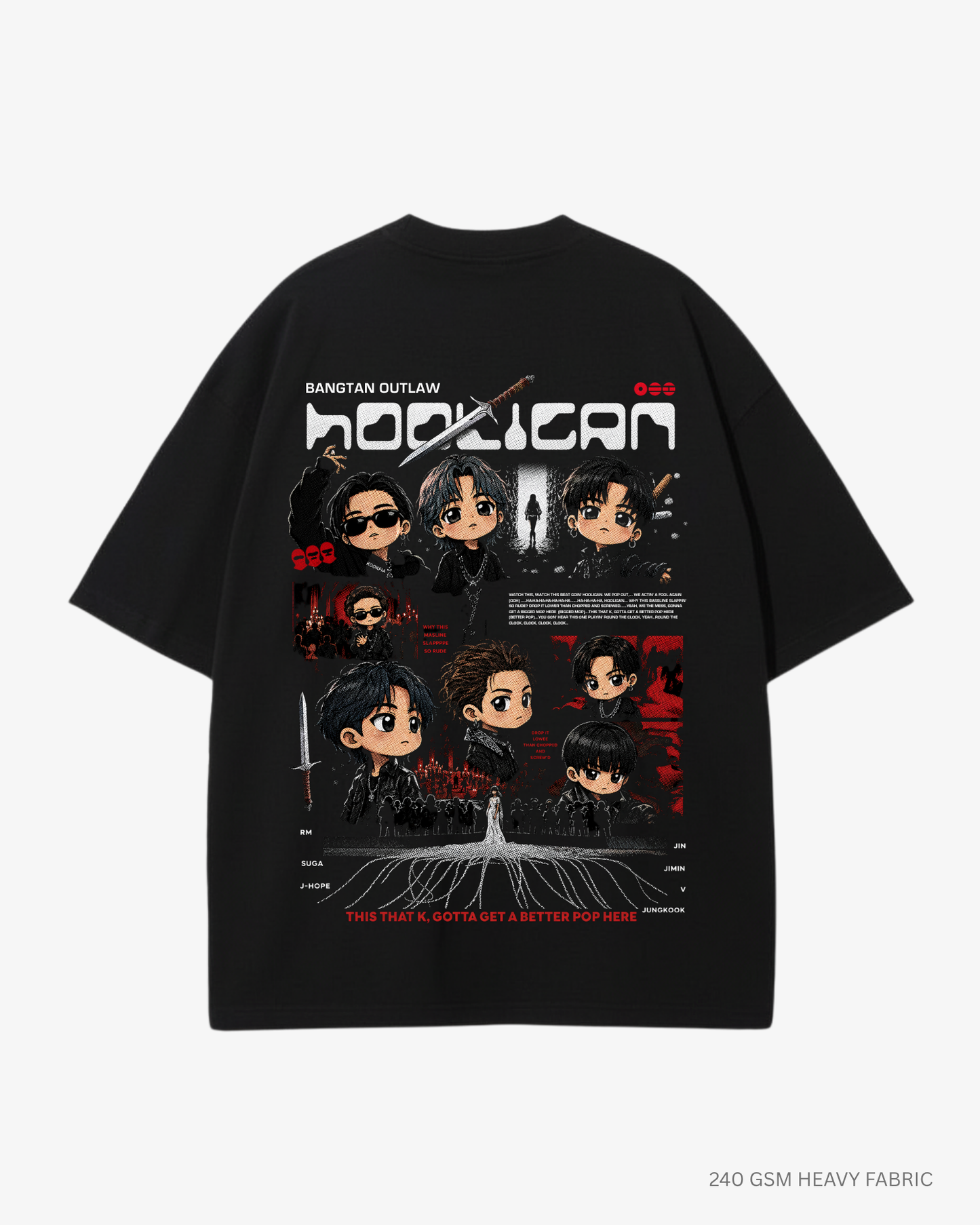 Chibi Hooligan Arirang Unisex Oversized T-Shirt Black Cotton 240 GSM