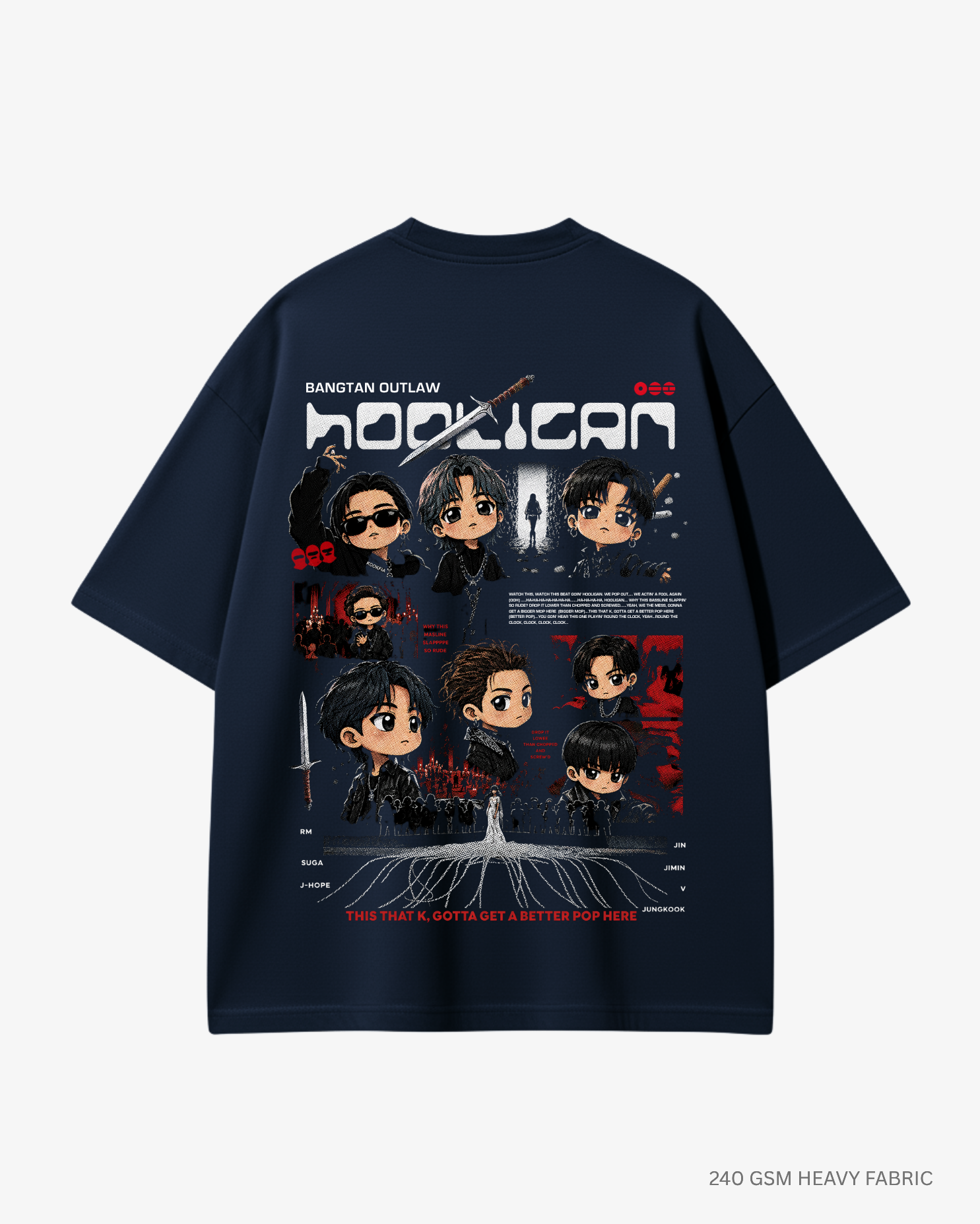 Chibi Hooligan Arirang Unisex Oversized T-Shirt Navy Blue Cotton 240 GSM