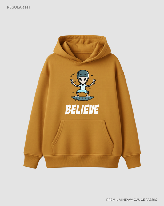 Believe Alien & Space Unisex Winter Hoodies MUSTARD
