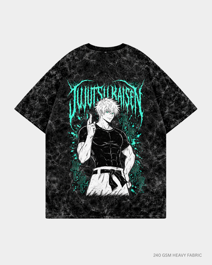 Gojo Satoru Jujutsu Kaisen Anime Unisex Oversized T-Shirt | Antherr Core Acid Wash Black Cotton 240 GSM