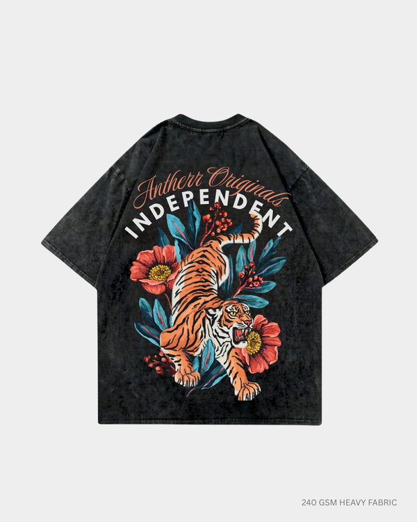 Independent Tiger Graphic Unisex Oversized T-Shirt | Antherr Originals ACID BLACK Cotton 240 GSM