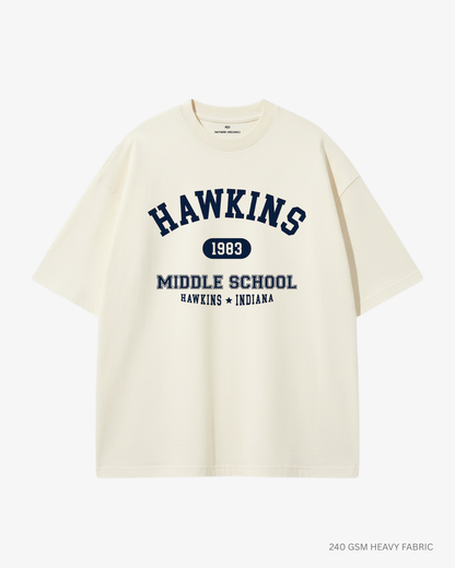 Hawkins Middle School Unisex Oversized T-Shirt Off White 240 GSM Cotton
